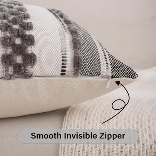 Grey Throw Pillow Covers 18x18 Set of 2 Boho Stripe Pillow Covers Tufted Decorative Pillow Case Accent Pillowcase Farmhouse Cushion Case Nuetral Textured Pillow Cover Spring Home Decor | Durable Fabric,Stripe Pillow Covers,Farmhouse Cushion Case,Chenille