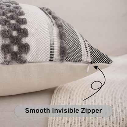 Grey Throw Pillow Covers 18x18 Set of 2 Boho Stripe Pillow Covers Tufted Decorative Pillow Case Accent Pillowcase Farmhouse Cushion Case Nuetral Textured Pillow Cover Spring Home Decor | Durable Fabric,Stripe Pillow Covers,Farmhouse Cushion Case,Chenille