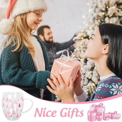 JarThenaAMCS Christmas Double Wall Glass Coffee Mugs 12oz Cute Pink Xmas Tree Insulated Glasses Clear Espresso Cups with Handle for Home Holiday Supplies, Set of 2 - style: Pink Xmas Tree