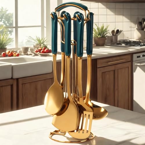 Stainless Steel Gold Kitchen Utensils Set with Holder, 7pcs Luxury Kitchen Accessories for Cooking Includes Soup Ladle, Metal Spatula, Slotted Spoon, Slotted Spatula, Pasta Spoon, Green & Gold - color: Green & Gold