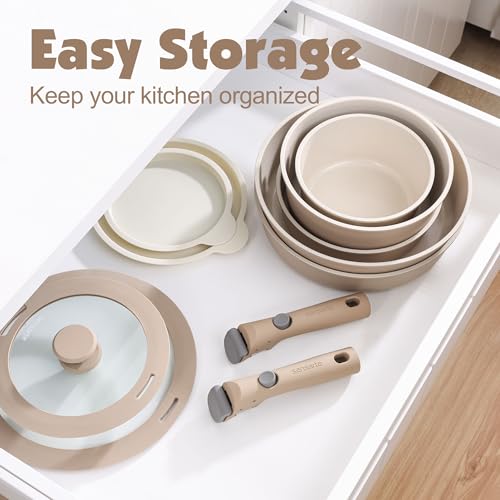 SENSARTE 24 Piece Ceramic Detachable Handle Pots and Pans Set Almond Beige | Ceramic Cookware Set, Induction Cookware Set with Removable Handle, Healthy Non Stick for RV, Dishwasher ＆ Oven Safe - color: Almond Beige, size: 24 Piece