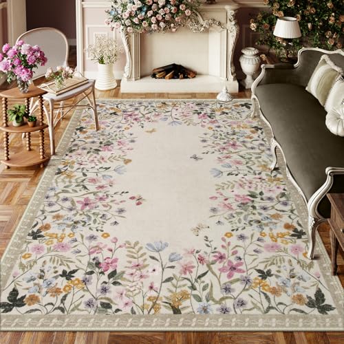 Wonnitar 6x9 Washable Area Rug, Boho Floral Rug for Living Room, Soft Rug for Bedroom, Non Slip Low Pile Nursery Carpet, Beige Farmhouse Dining Room Decor (6x9 Beige) - color: Beige, size: 6' x 9' (Rectangular)