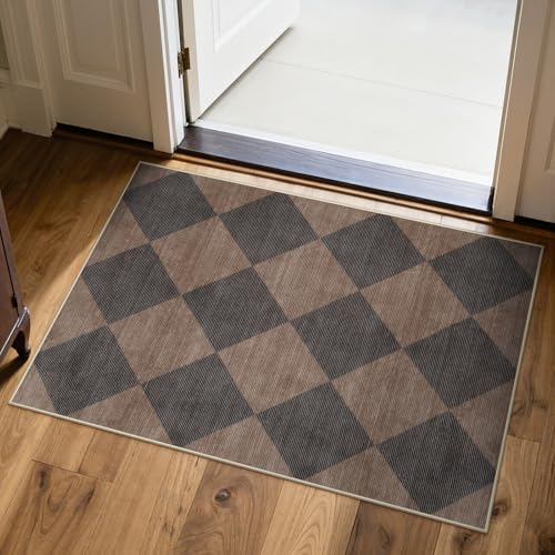 Beeiva Checkered Print 2x3 Samall Area Rugs for Entryway, Washable Stain Resistant Kitchen Rug Non Slip Ultra Thin 2x3 Bath Mat, Plaid Moroccan Alfombra for Bedroom Laundry Sink (Brown/Black) - color: Brown/Black, size: 2' x 3' (Rectangular)