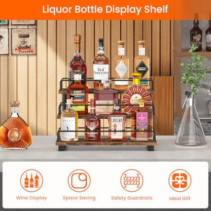 Liquor Bottle Display Shelf, 3 Tier Coffee Syrup Rack Organizer | Wine Rack Countertop, Home Retro Bar Shelf Stand Holder for Liquor Whiskey Spirits, Mini Bar, Liquor Cabinet, Rustic Brown