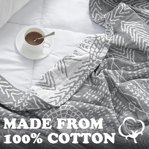 jinchan 100% Cotton Muslin Blanket Twin Boho Throw Blanket 50x60 Gray | 3-Layer, Tribal Geometric Quilt, Cooling Breathable Lightweight, for Adult, Soft, Reversible, Summer, Couch, Sofa, Bedroom - color: A. Boho Grey, size: 50"x60"