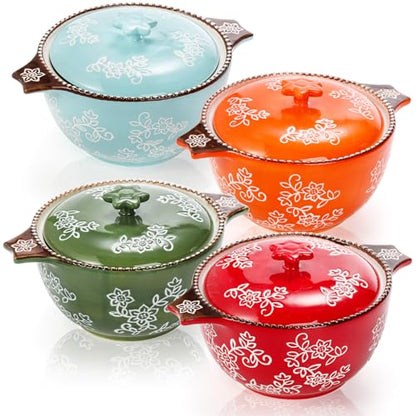 AVLA 4 Pack Ceramic Soup Bowls with Lid and Double Handles, 22 OZ French Onion Soup Crock, Small Casserole Dish for Oven, Mini Cocotte Set Baking Ramekins for Stews, Cereal, Oatmeal or Pasta
