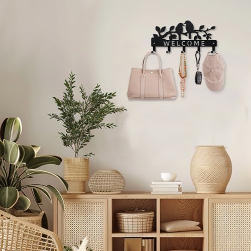 MAYJOYDIY Tree Branch Bird Metal Key Hook Welcome Text Coat Rack Wall Mounted 9.8×4.7inch Leafy Plant Bird Black Art Key Holder with 5 Hooks for Coats Hats Towels Bags Hanging - style: Tree Branch Bird