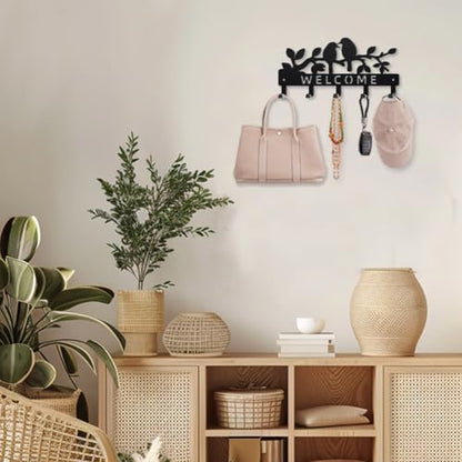 MAYJOYDIY Tree Branch Bird Metal Key Hook Welcome Text Coat Rack Wall Mounted 9.8×4.7inch Leafy Plant Bird Black Art Key Holder with 5 Hooks for Coats Hats Towels Bags Hanging - style: Tree Branch Bird