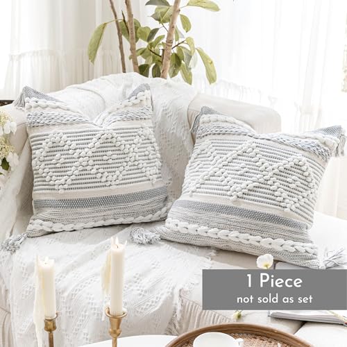 Gray Cream White Boho Throw Pillow Cover 20X20, Boho Woven Textured Pillow Cover, Neutral Pillow Cover, Sofa Couch Bed Farmhouse Lumbar Pillow (Cover ONLY) - color: Gray, size: 20" x 20" (Pack of 1)