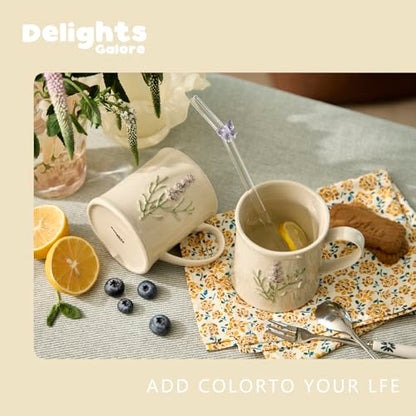 Artisanal Handcrafted Ceramic Mug with Sage Botanical Design - 10oz Off-White Stoneware Coffee Cup, Elegant Purple Sage Pattern, Dishwasher Safe, Comfort Grip Handle for Daily Use-4pack - color: Sage-4 Pack