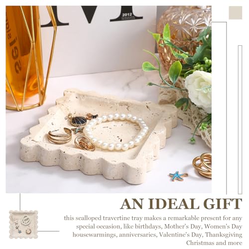5.5 Inch Small Travertine Stone Tray Marble Jewelry Dish Trinket Tray for Women, Perfume, Coffee Table(Square,Scallop) - style: Square，Scallop