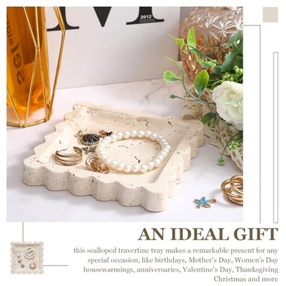5.5 Inch Small Travertine Stone Tray Marble Jewelry Dish Trinket Tray for Women, Perfume, Coffee Table(Square,Scallop) - style: Square，Scallop