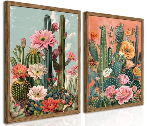 Framed Mexican Cactus Canvas Wall Art Set of 2, Vintage Desert Floral Wall Decor Paintings, Southwestern Boho Botanical Pictures Prints Aesthetic Home Decor for Living Room Bedroom Bathroom 16x24 inch - color: Colorful, size: 24L" x 16W"