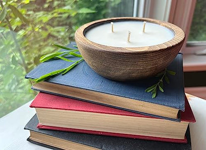 Bonneville Handmade Candles / 5 1/4" x 2" Hand Poured Wood Bowl Candle, 3 Wick/Dough Bowl/Up to 25 Hour Burn Time / 100% Soy Wax/Scented/Rustic/Holiday (Unscented)