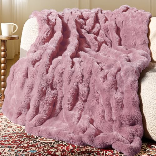 Ultra Soft Cozy Faux Fur Throw Blanket, Fuzzy Plush Thick Bubble Blanket, Oversize Luxury Fluffy Blanket for Couch, Sofa, Bedroom, and Living Room,50x60 Inches,Pink - color: Pink, size: Throw