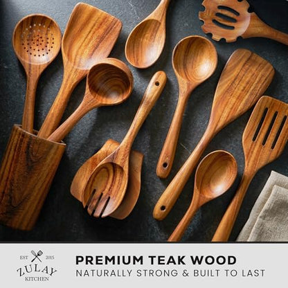 Zulay Kitchen 12-Piece Teak Wooden Utensils for Cooking - Natural Teak Utensil Set with Premium Gift Box - Non-Stick Wooden Spoons for Cooking - Kitchen Gift Set - Comfortable Grip Wooden Utensil Set - size: 12 Piece
