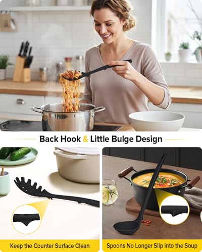 Silicone Pasta Fork and Soup Ladle Set, Heat Resistant Non Stick Kitchen Utensils with Back Hooks, Suitable for Cooking, Stirring, Serving Spaghetti, Soup, Sauce (BLACK) - color: Black