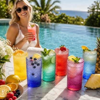 Khen Plastic Hobnail Drinking Highball Glasses Set of 6 Bright Tones Cups 14oz, Shatterproof & Unbreakable Acrylic Beaded Design, BPA-Free, Dishwasher Safe Indoor/Outdoor Drinkware Water, Cocktails - color: Sunshine Colors, style: Set of 6