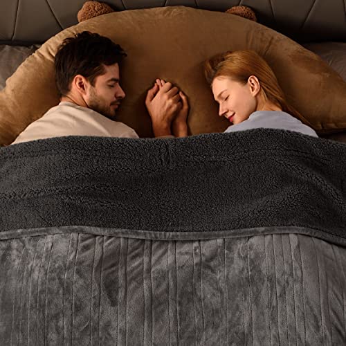 Bearhug Electric Blanket Queen Size with Dual Controls, 10 Heat Levels & 1-12H Auto Shut-Off, Fast Heating Soft Velvet to Sherpa Heated Blanket for Couples, Machine Washable, Gray - color: Gray-velvet & Sherpa, size: Queen Size 84" × 90"