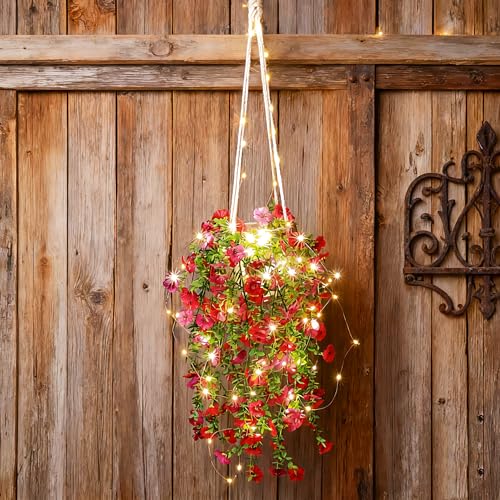 Comtelek Artificial Flowers for Outdoors Fake Hanging Plants with Lights, 4pcs Silk Flowers UV Resistant Realistic Hanging Planter Faux Flower for Outside Porch Patio Home Garden Yard Decor - color: 1 Pack - Fake Flowers With Led