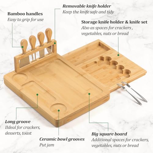 Bamboo Charcuterie Board Set with 4 Cheese Knives, Serving Platter | 1 Drawers, 4 stainless steel cheese knives, serving platter. Perfect for parties, weddings, entertaining, housewarming gift. - size: 18" x 13" x 1.3"