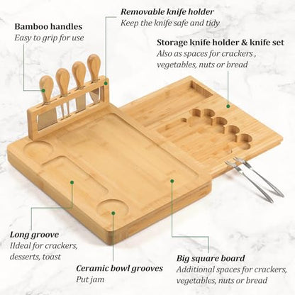 Bamboo Charcuterie Board Set with 4 Cheese Knives, Serving Platter | 1 Drawers, 4 stainless steel cheese knives, serving platter. Perfect for parties, weddings, entertaining, housewarming gift. - size: 18" x 13" x 1.3"