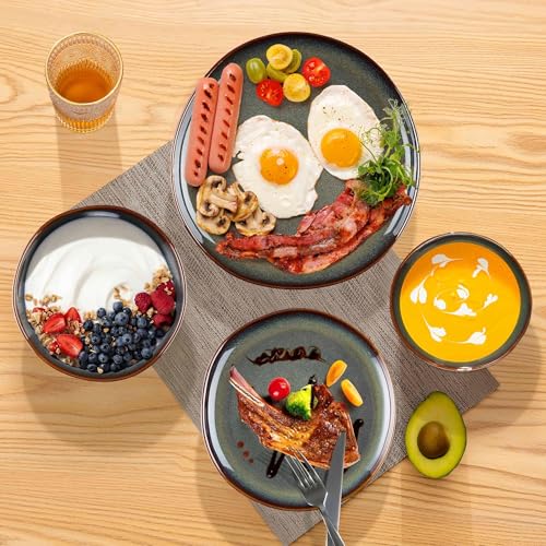Herogo Stoneware Dinnerware Sets for 6, 24 Piece Ceramic Dinner Dishes Set, Irregular Handmade Plates and Bowls Dishware, Crack and Scratch Resistant, Reactive Glaze, Lichen Green - color: Lichen Green, size: 6 Set (24pcs)