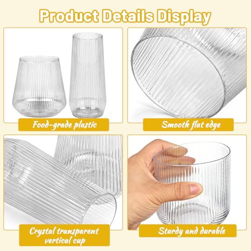 24 Pack Disposable Ribbed Origami Ripple Plastic Champagne Glasses Set | 9OZ Stemless Champagne Flutes and 12OZ Cups, BPA-Free Shatterproof Clear Disposable Cocktail Glasses for Party, Wedding