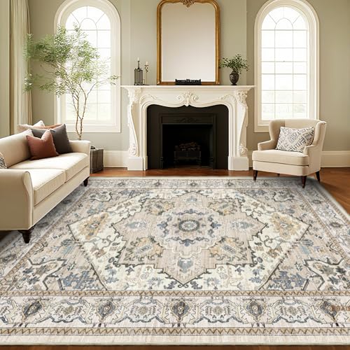 AooHHooA Washable 8x10 Boho Beige Area Rug for Living Room, Soft Stain Resistant Non-Slip Boho Vintage Area Rugs, Large Low Pile Lightweight Area Rugs for Living Room Bedroom Dining Room - color: Beige, size: 8' x 10' (Rectangular)