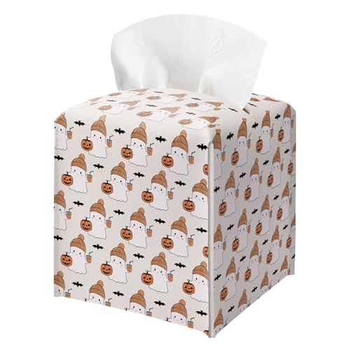 Halloween Tissue Box Holder, Cute Ghost Leather Tissue Box Cover Square, Halloween Facial Paper Organizer Dispenser Toilet Paper Holder for Bathroom Kitchen Office Home Decor-A07 - color: White04