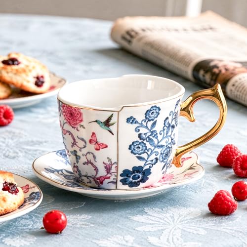 KAMMAK Tea Cups and Saucers Set of 2, 8 oz Porcelain Coffee Cups, YX018 | Stackable Espresso Mugs, Ceramic Demitasse for Coffee, Cappuccino, Latte, Americano, Tea - size: 8CZYX018