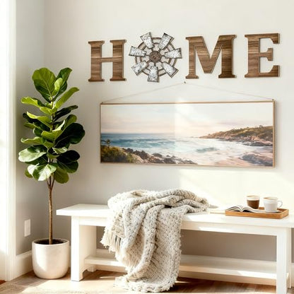Windmill Home Letters Wood Sign, Set of 4, Brown | Rustic Farmhouse Wall Decor & Home Sign Wall Decor,Wooden Hanging Decoration for Living Room, Kitchen, Bedroom, Porch