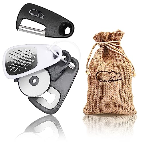 5 Pieces Kitchen Gadgets Set with Storage Bag, Cooking Gift Set | Space Saving Cooking Tools Accessories, Cheese Chocolate Grater, Peeler, Bottle Opener, Pizza Cutter, Stackable - color: Black White Gray 4pcs