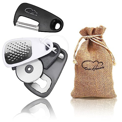 5 Pieces Kitchen Gadgets Set with Storage Bag, Cooking Gift Set | Space Saving Cooking Tools Accessories, Cheese Chocolate Grater, Peeler, Bottle Opener, Pizza Cutter, Stackable - color: Black White Gray 4pcs