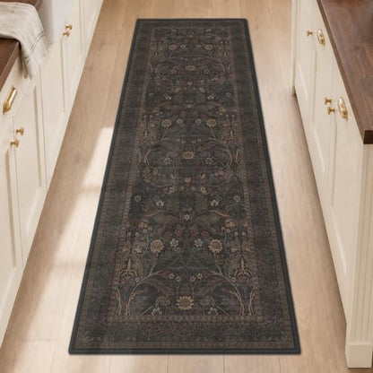 Washable 2x6 Kitchen Runner Rugs Non Slip - Dark Brown Hallway Runner Rug, Farmhouse Non Slip Floral Botanical Bathroom Mats, Southwestern Cabin Bedroom, Hall Way Low Pile Carpet - color: Brown, size: 2' x 6' (Runner)