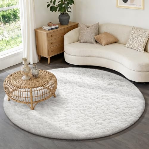 Ophanie Round Rug 6Ft White Circle Area Rug, Aesthetic Room Decor, Fluffy Fuzzy Bedroom Carpet, Plush Soft Shaggy Living Room Rugs for Kids Home, Nursery with Over 99 pcs Pile fibers - color: 4- White, size: 6' (Round)