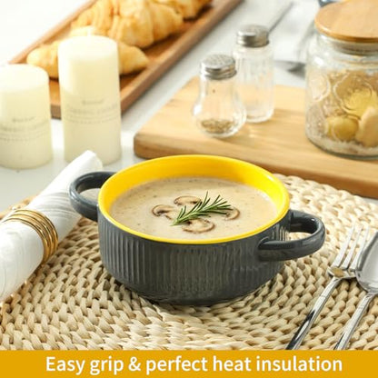 Soup Bowls with Handles, 23 oz French Onion Soup Crocks, Stackable Soup Bowl Oven Safe for Chili, Beef Stew, Embossment Ceramic Bowl Set - 5.4 Inch, Set of 4,Yellow Gray - color: Yellow Gray