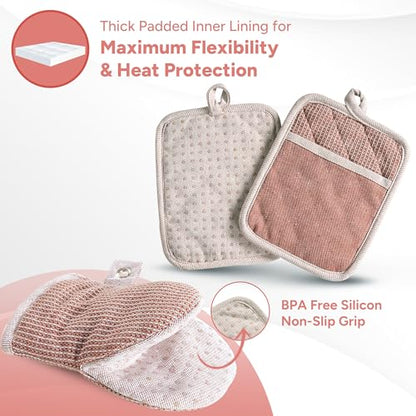 Casa Platino Potholders for Kitchens, 8-Piece – 500°F Heat Resistant Oven Mitts and Pot Holders, Mini Oven Mitt with Silicone Grip, 2 Kitchen Towels & 2 Dish Cloths – Durable & Non-Slip – Canyon Rose - color: 10: Oven Mitts - Canyon Rose, size: Oven Mitt