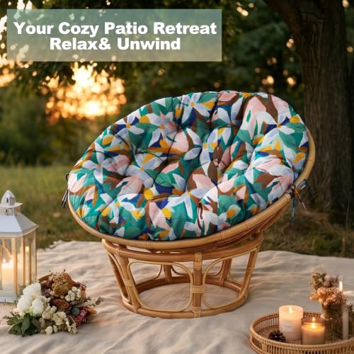 ARTPLAN Round Papasan Chair Cushion Tufted Swing Seat Pad with Ties,Floral | 47"x47"x4"tufted round chair cushion, polyester cover&fluffy fiber fill, fixed ties fit papasan, swing&wicker indoor chairs - color: White Pink Flower