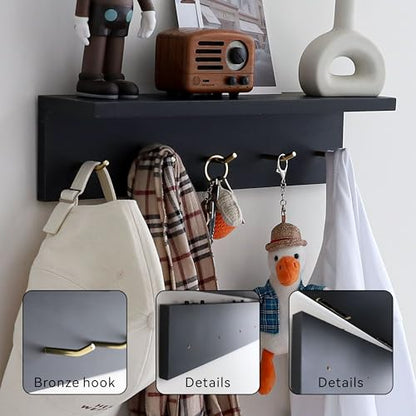 Marine Plywood Wall Mounted Coat Rack with Shelf & Key Hooks, 5 Brass Hooks Entryway Organizer, Modern Floating Shelf for Bedroom Hallway, Space-Saving Home Storage Rack (1, Black) - color: Black