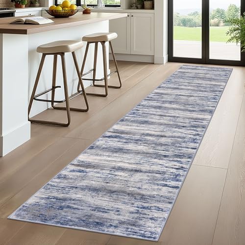 KOZYFLY Modern Abstract Kitchen Runner Rug, 2x10 Washable Rug Runner Non-Slip Soft Striped Hallway Runner Rugs, Grey Blue Print Carpet Runner for Entryway Bathroom Laundry Room Foyer - color: Blue-grey, size: 2' x 10' (Runner)