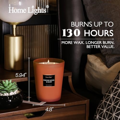HomeLights Scented Candles - Large Jar Aromatherapy, Natural Soy Wax, 130 Hour Long Burning, Fireside Wood & Glow - color: Fireside Wood & Glow