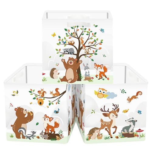 Clastyle 11.8" Animal Storage Basket Set of 3 for Kid Toy Clothes Bin | Collapsible Fabric Book Bin, Metal Frame Bottom Board, Cube Organizer, Closet Nursery Pantry Shelf Bedroom, Woodland Bear - color: Bear Giraffe