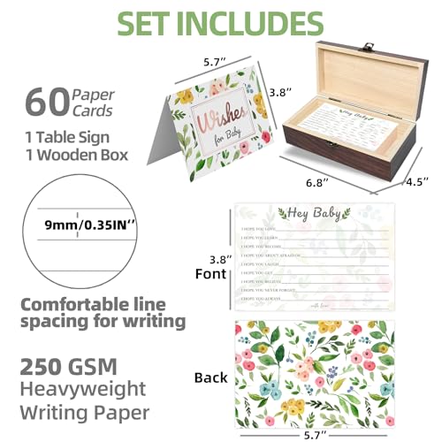 Watercolor Floral Wishes for Baby Cards with Keepsake Wooden Box - 60 Message Cards & Sign - Baby Shower Guestbook Alternative, Gender Reveal Game, New Mom Gift - color: HEY BABY