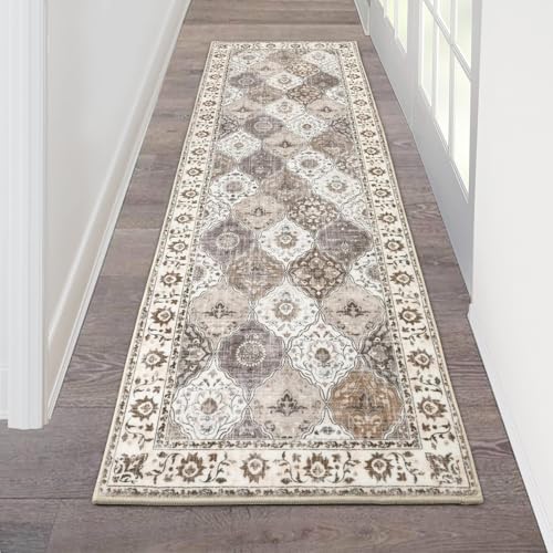 HEBE Hallway Runner Rug 2'x6', Washable Non Slip Kitchen Rug Runner | Soft Boho Bedroom Runner Rug, Vintage Distressed Low-Pile Floor Carpet Runners for Hallway, Entrance, Bathroom, Laundry - color: Beige, size: 2' x 6' (Rectangular)