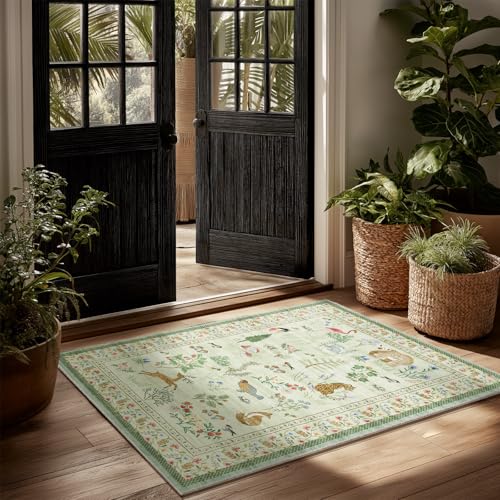 Washable Door Mat Indoor Entrance: 2x3 Entryway Rugs Small Area Rug Non-Slip Low Pile Soft Kitchen Rug for Front Door Indoor Entrance Entry Bedside Kids Room - color: Animal-light Green, size: 2' x 3' (Rectangular)