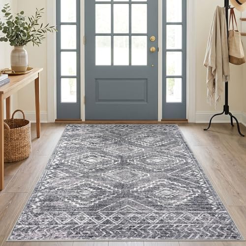 KILOCOCO Area Rug 4'x6' Entryway Rug Washable Living Room Rug, Grey | Non Slip Entry Rug, Printed Living Room Rugs, Low Pile Soft Rugs for Kitchen, Geometric Carpet, Rubber Backed Door Rug - color: Grey, size: 4' x 6' (Rectangular)