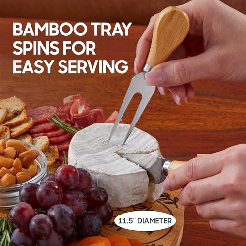 Hammer + Axe Charcuterie Board Set, Round Lazy Susan Bamboo Tray with 3 Cheese Cutter Accessories, Wooden Meat & Cheese Board, Housewarming Gift