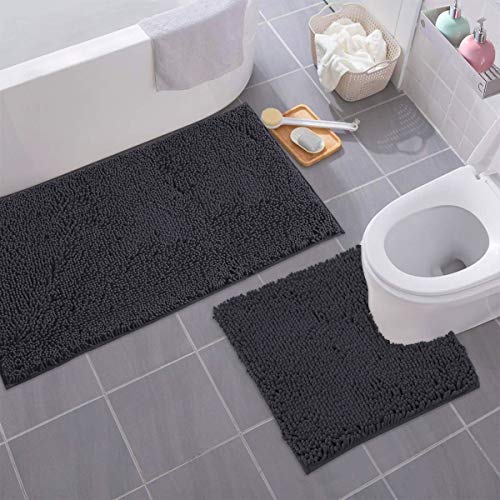 Bathroom Rugs Sets 2 Piece, Luxury Chenille Bath Mat Set, Soft Plush Anti-Slip Bath Rug + U-Shaped Toilet Mat. Microfiber Shaggy Carpet, Super Absorbent (24” x 36” & 20” x 24” U, Charcoal) - color: Charcoal, size: 2 Piece Set - Large