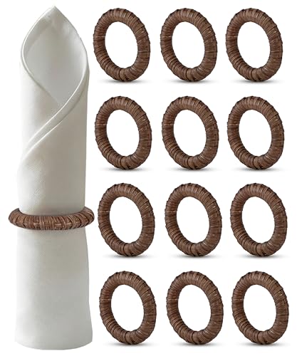 Handmade Napkin Ring Set of 12 Rustic Farmhouse Table Accessories Durable Cane Napkin Holders for Home Kitchen Everyday Dining & Seasonal Gatherings (Walnut) - ALPHA Living HOME - color: Walnut, size: 12- Pack
